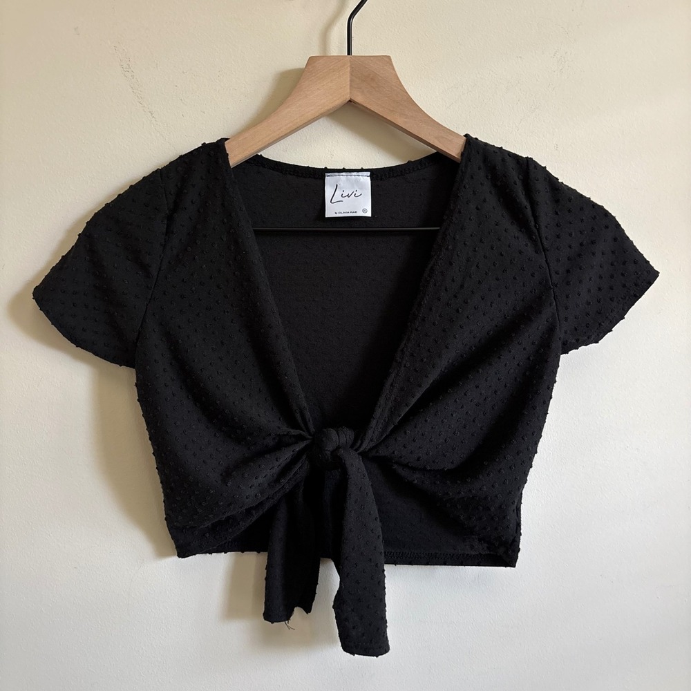 Livi by Olivia Rae Black Swiss Dot Front Tie Crop Top XS Short Sleeve V-Neck